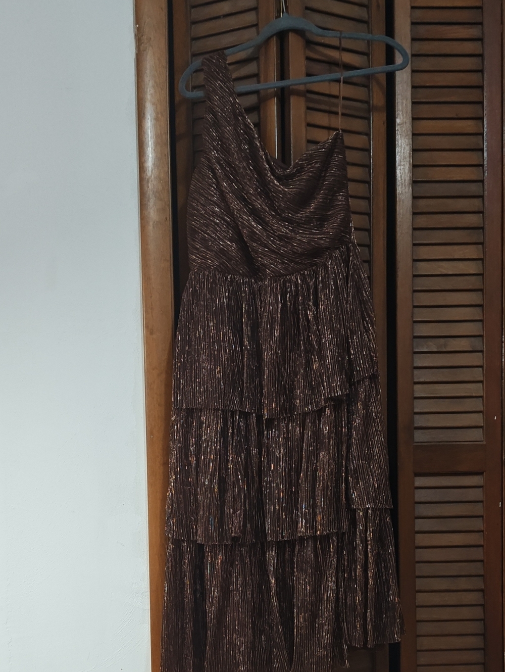 Francesca's Collections One-Shoulder Brown Metallic Tiered Dress